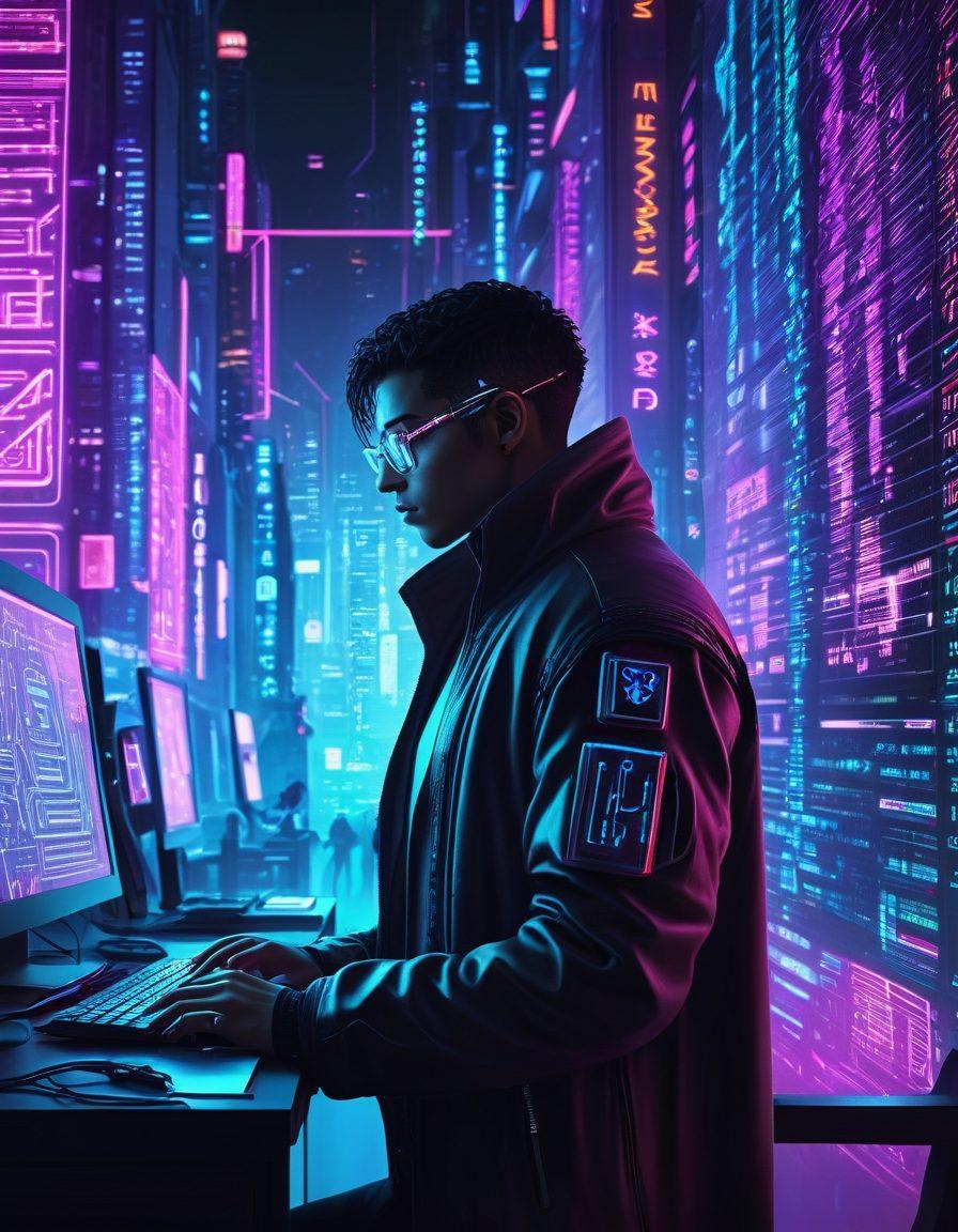A sleek digital detective magnifying a computer screen filled with mysterious clues and binary codes, with avatars of avatars of popular digital sleuths in the background. Incorporate elements of virtual reality and hacking symbols. Neon colors with a high-tech cyberpunk cityscape in the backdrop. super-realistic. vibrant colors.