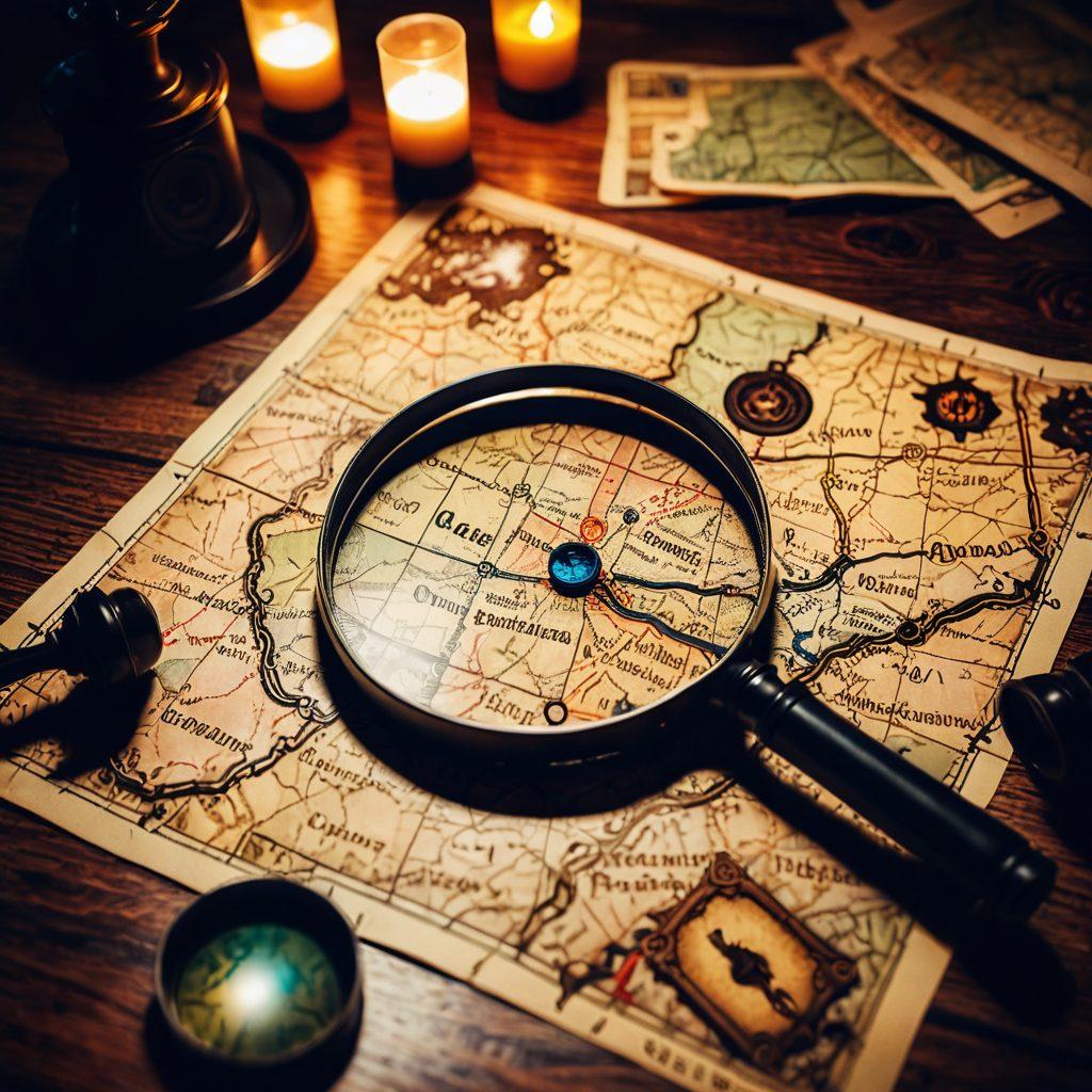 A mysterious and immersive detective scene with a magnifying glass over an old-fashioned map, scattered clue cards, and a digital tablet displaying an interactive whodunit game. In the background, shadowy figures in a dimly lit room, adding suspense and intrigue. vibrant colors. super-realistic.
