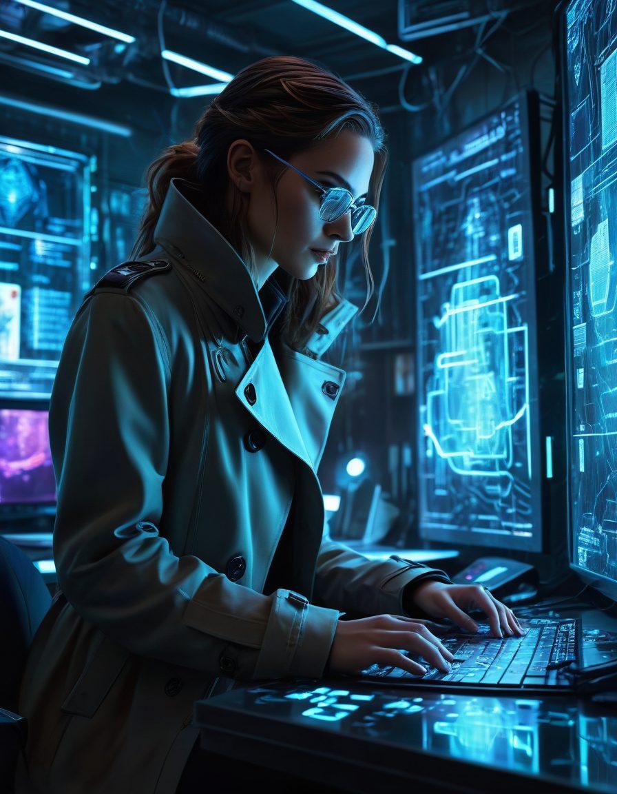 A dark, gloomy cyber-detective office filled with futuristic technology, including holographic screens displaying unsolved puzzles and complex data streams. Shadows and neon lights highlight the intense atmosphere, showcasing a detective in a trench coat piecing together clues on a large digital board. Intricate details like fingerprint scanning, cyber keys, and magnifying glass enhance the mystery. cyberpunk. dark tones. super-realistic.